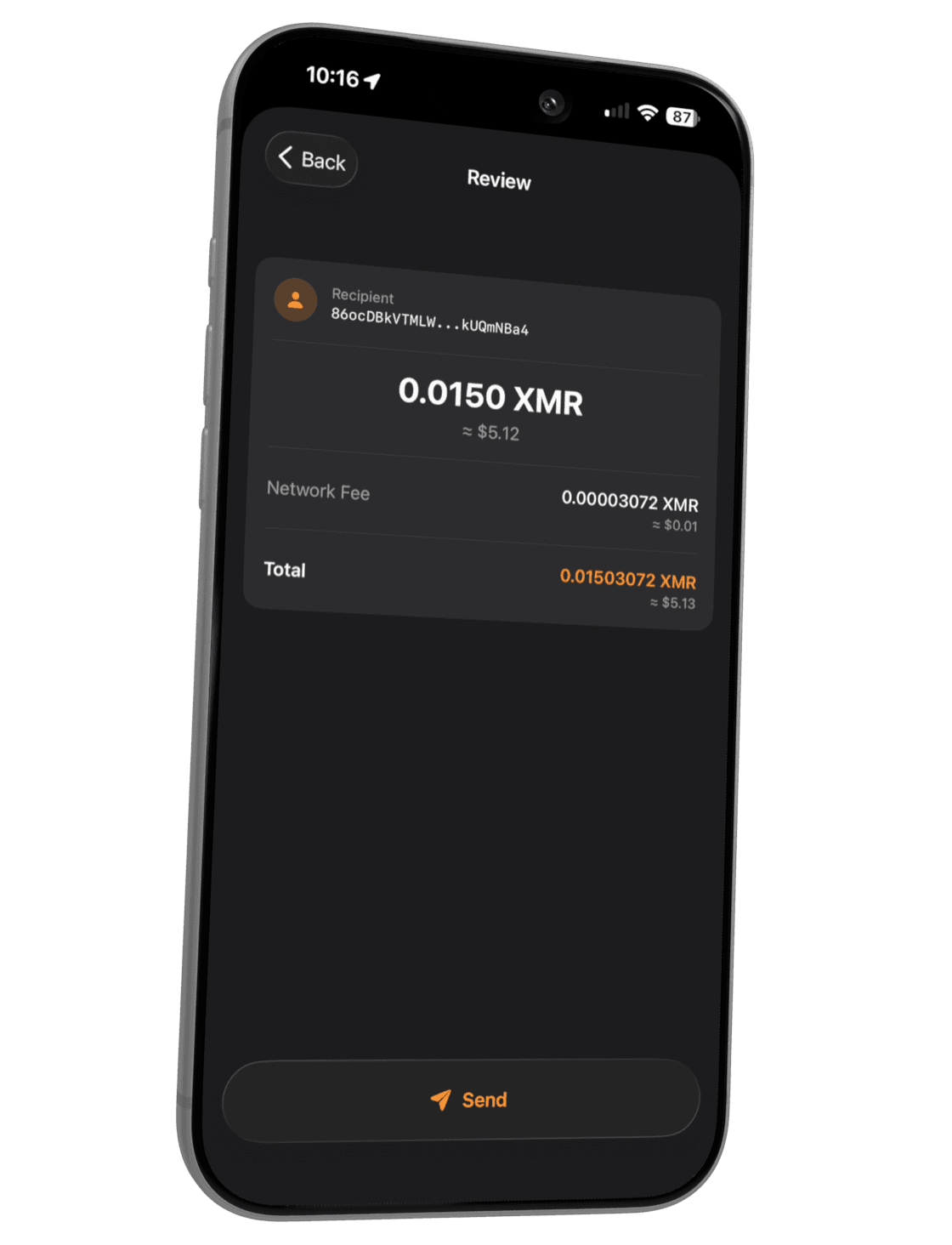 Monero One transaction review screen